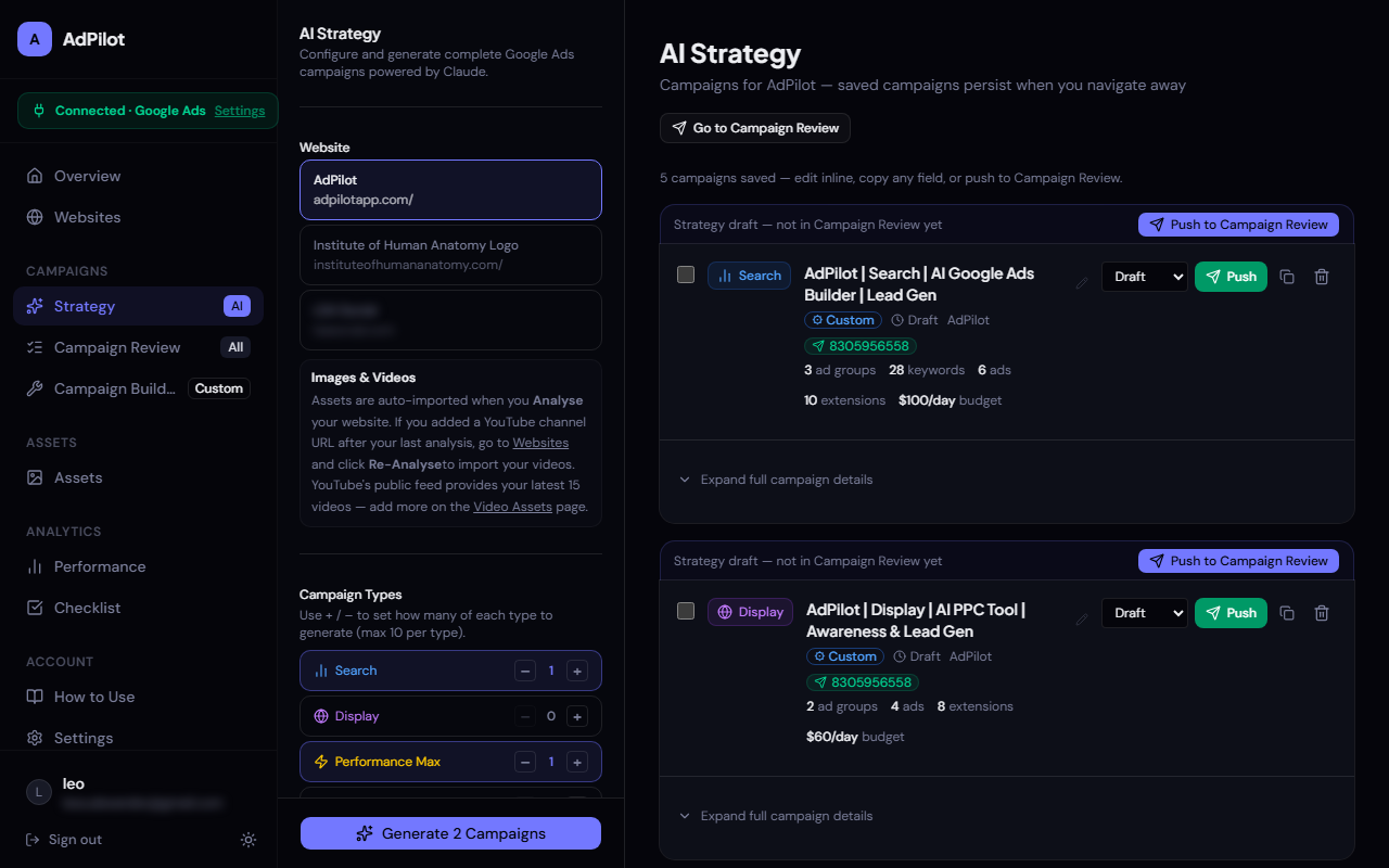 AdPilot Strategy dashboard — AI campaign generation with campaign types, budgets, and live streaming output