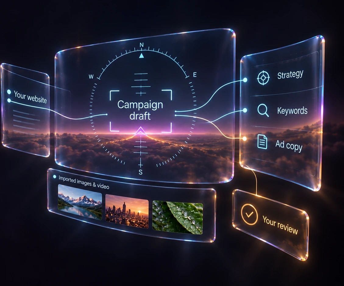 Transparent cockpit-style glass panels showing a campaign draft, strategy, keywords, ad copy, imported images and video, and your review.